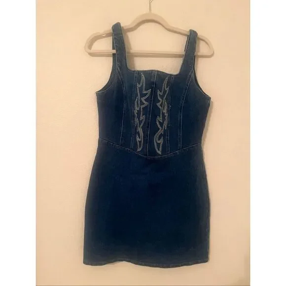 Western Denim Mini Dress Bodycon Square Neck Country Concert Cowgirl Size L  NEW - Picture 4 of 9